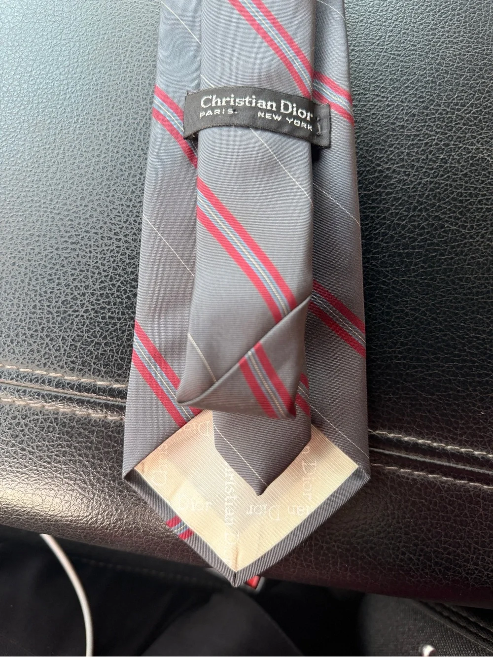 Dior Gray Silk Tie with Red and White Diagonal Stripes